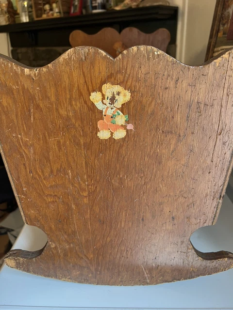 Antique Wooden Cruve Rocker Baby Cradle  with Bear Design