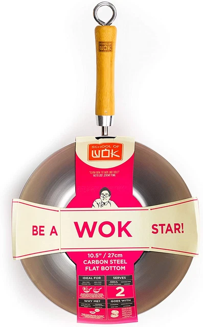 School of Wok - Wok de acero al carbono de 10,5"/27 cm, parte inferior plana, mango de bambú
