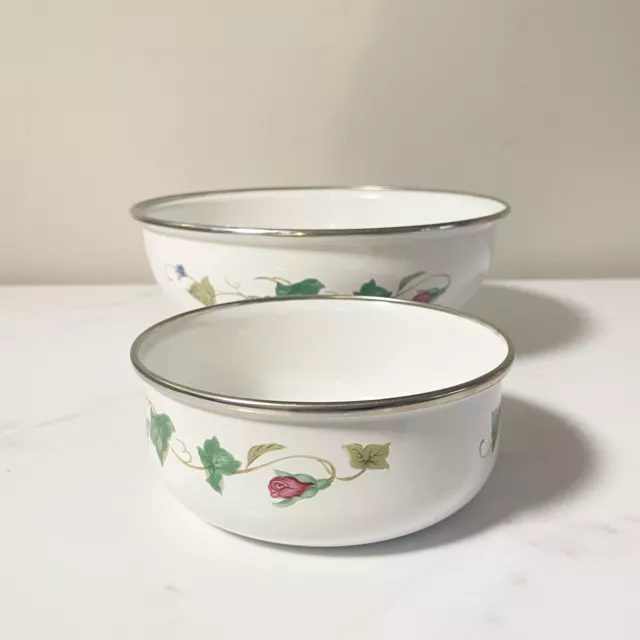 Vintage LENOX Rose Manor Green Ivy White Metal Enamelware 6” 10" Mixing Bowl Set