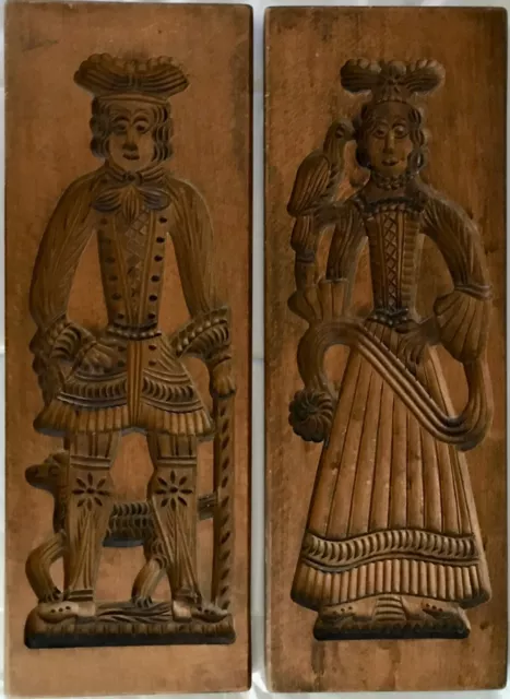 VTG,Pair Dutch Hand Carved 20”Wooden Cookie Mold. Couple in traditional Costumes