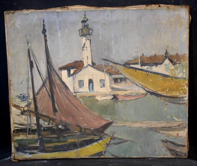 Tableau Ancien Huile Sur Toile - Paysage Marin Avec Bateaux, XIXème Siècle, École Française