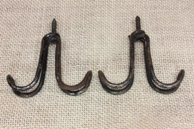 2 Coat hooks under shelf vintage farm schoolhouse twisted wire primitive black 2