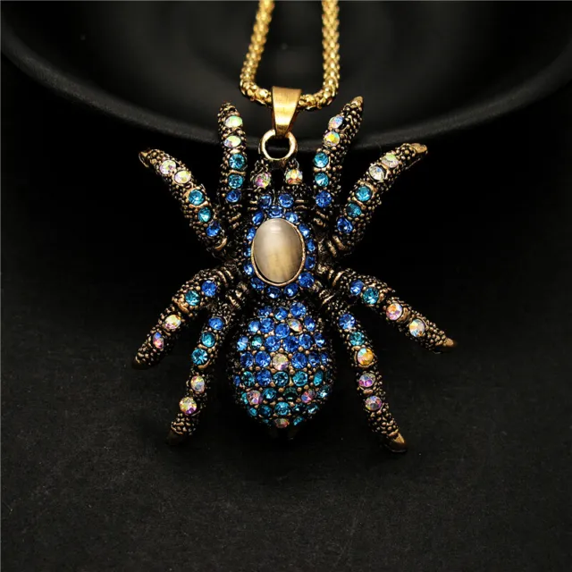 Betsey Johnson Shiny Blue Inlaid Crystal Retro Spider Pendant Chain Necklace