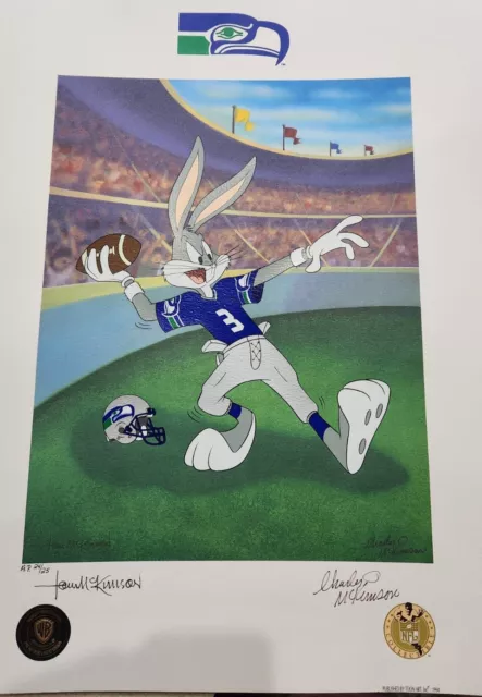 Looney Tunes SEAHAWKS Warner Bros Bugs Bunny Hail Mary FOOTBALL Litho signed