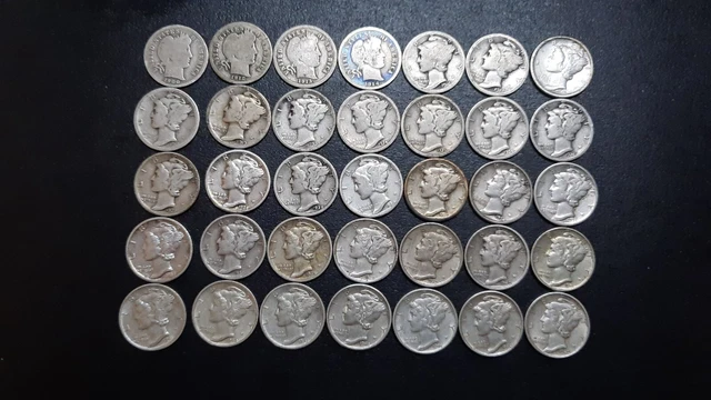 Mixed Lot Of 35 Barber & Mercury Silver Dimes