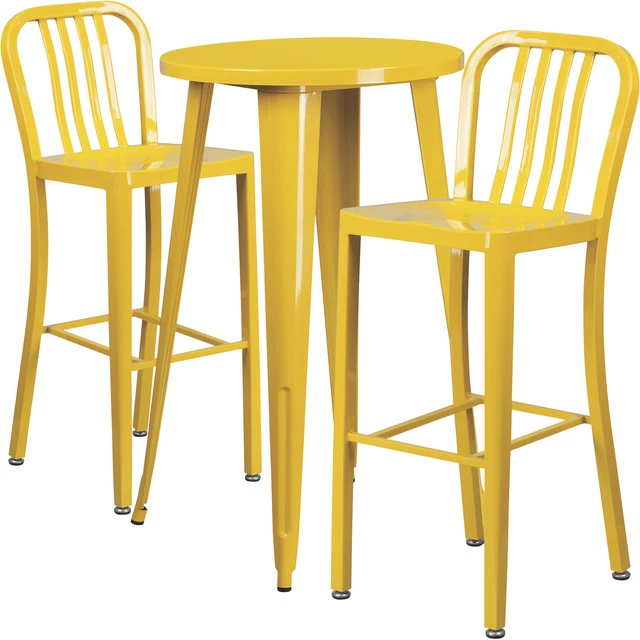 3-Pc Yellow Metal Bar Table Set -24inx41inH Round Table w/2 Industrial-Style