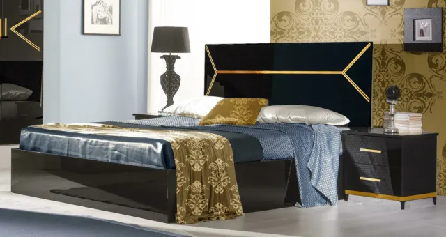 Classique Chambre à Coucher Set Lit 2x Table de Chevet Commode 3tlg. Lits Noire