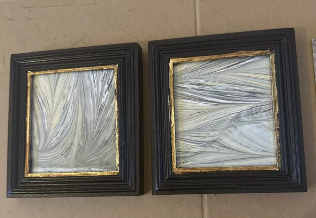 Pair Of Small Wooden Reeded Picture Frames , Black &Gold, Glass & Marble Paper