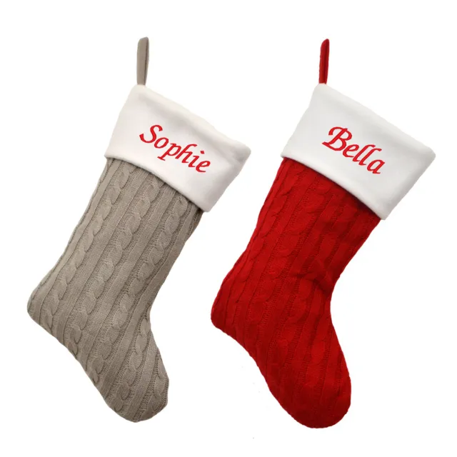 Luxury Deluxe Personalised Embroidered Christmas Stocking Knitted Silver Red