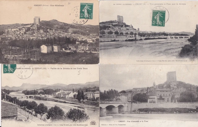 Lot de 4 cartes postales anciennes postcards CREST DRÔME