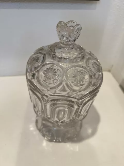 Vintage LG WRIGHT/LE Smith Glass Co. Moon & Stars Clear Sugar Bowl and Lid  7½"