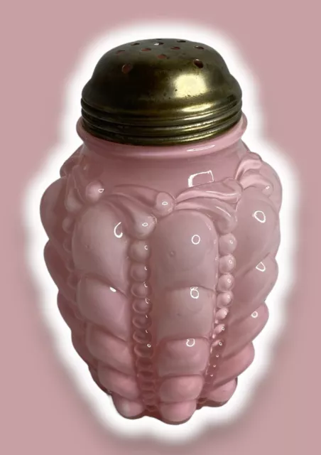 Antique Consolidated Glass Pink Cased Satin Guttate Sugar Shaker Muffineer. 5.5"