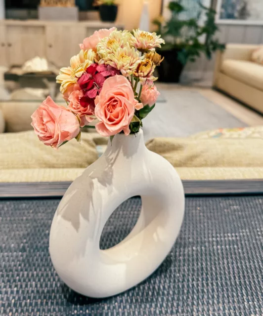 Large White Speckled Ikebana Vase: Unique, Modern Donut Ceramic Flower Vase