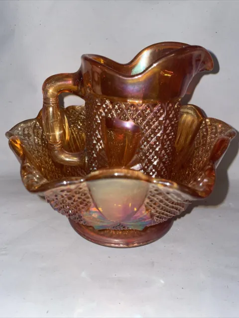 Art Deco Sowerby Orange Marigold Carnival Glass Jug & Bowl - Pineapple Pattern