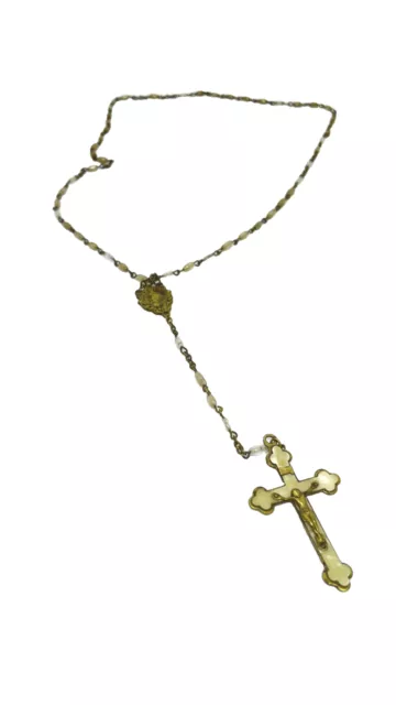 Art Deco Mother Of Pearl Brass Glass Beaded Rosary