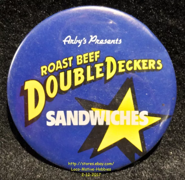 LMH PINBACK Button Pin  ARBY's Promo DOUBLE DECKERS SANDWICHES Roast Beef Slogan