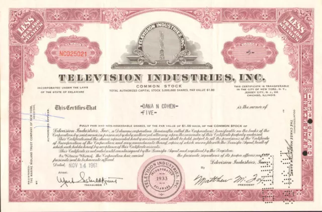 Television Industries Inc TV stock certificate share