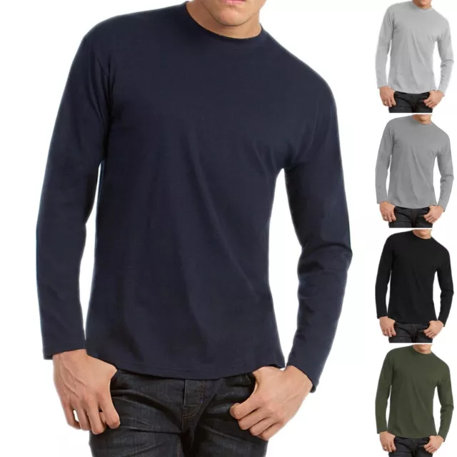 Mens Crew Neck Essential Long Sleeve Cotton T Shirt Top Casual Tee Tops S-2XL