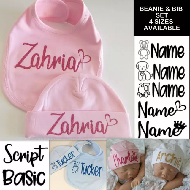 Baby Beanie Baby Bib SET Personalised baby Bib shower gift hat hospital PINK