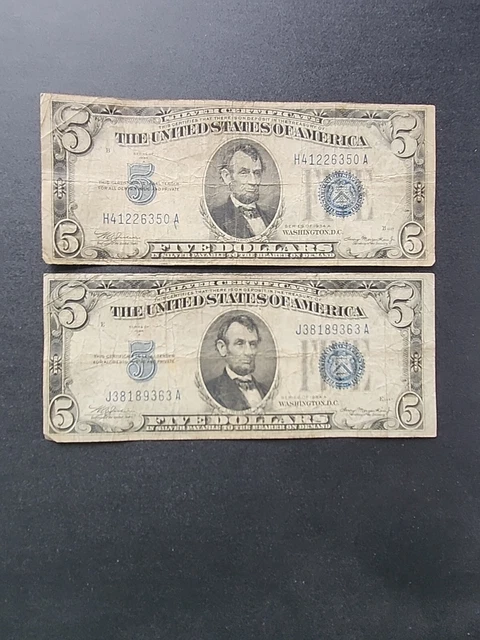 Lot Of 2 5 $ Dollar Silver Certificate Bills Blue 1934-A Series &
