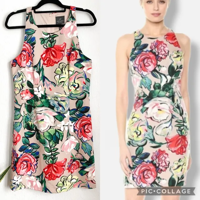 Adrianna Papell Sleeveless Stained Glass Floral Faille Dress Khaki Pink Size 8