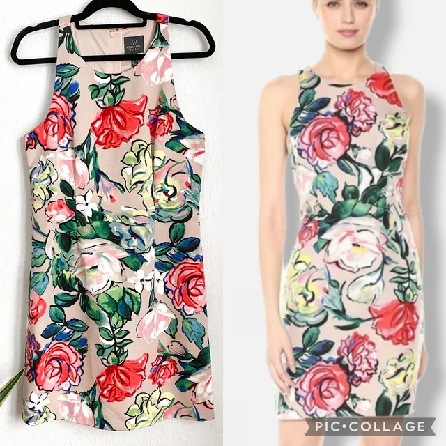 Adrianna Papell Sleeveless Stained Glass Floral Faille Dress Khaki Pink Size 8