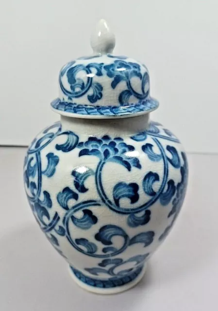 Vintage Asian Blue and White Ginger Jar Floral Design 7" Tall with Lid Mums Vine