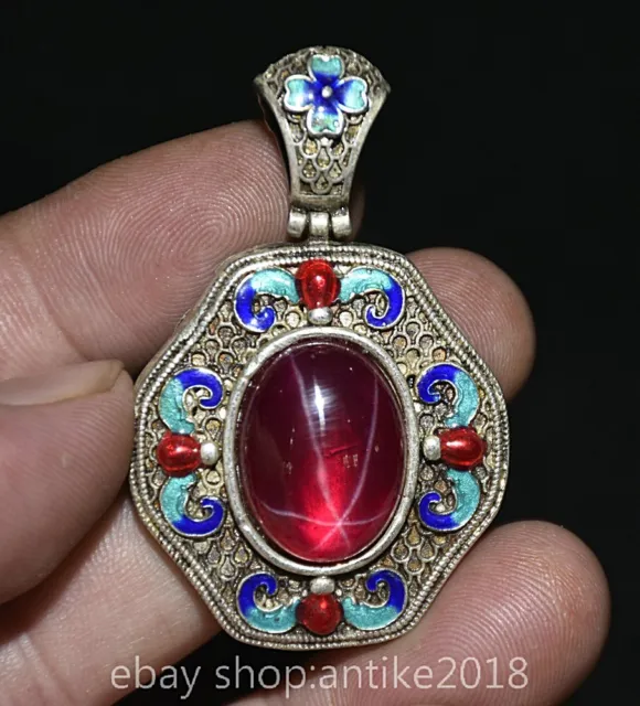 2.2" Rare Old Chinese silver inlay Red gemstone Dynasty Palace Pendant Necklace