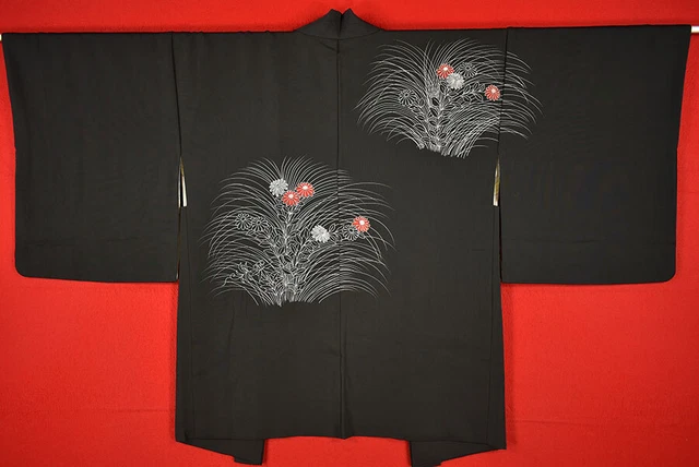 Vintage Japanese Kimono Silk Antique BORO Black HAORI Kusakizome Dyed/A526/650