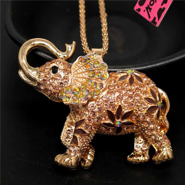 Betsey Johnson AB Rhinestone Cute Thai Elephant Crystal Pendant Chain Necklace