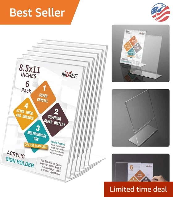 Durable Acrylic Sign Holder - Vertical Slanted Back - 6Pack - 8.5x11 Sizes