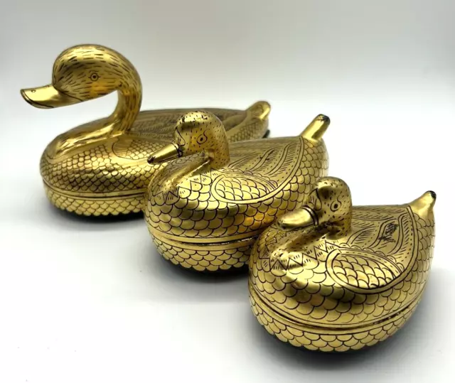 Vintage Set of 3 Burmese Black Gold Lacquer Duck Trinket Boxes