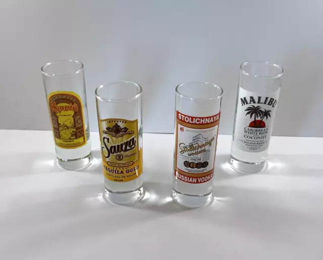 Set of 4 Shot Glasses / Logos of Popular Liquor Brands Kahlua/Sauza/Stoli/Malibu