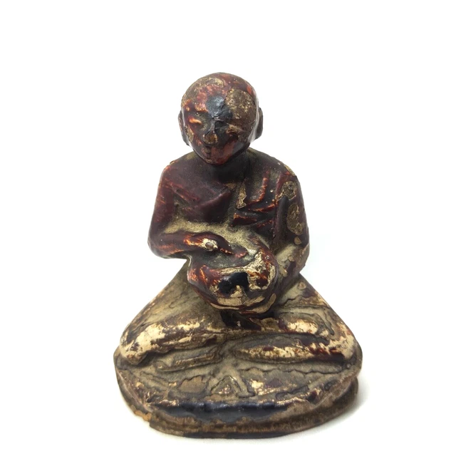 Antique Wood Monk Sculpture Burmese Patina Buddha Teak Wood lacquer Statue Art