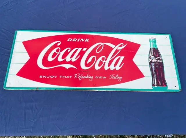 Vtg 1950s-60s Drink Coca-Cola Refreshing Feeling 32" Fishtail Metal Sign Soda