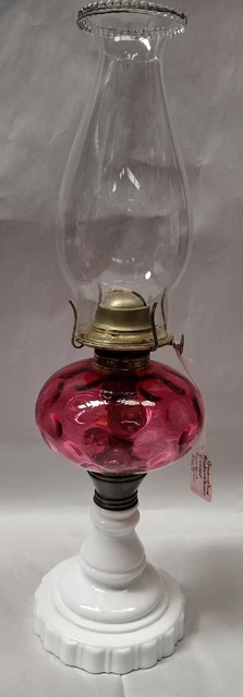 Vintage Fenton L.G./Wright Oil Lamp w Cranberry Coin Dot Glass Font