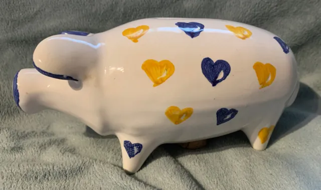 Vintage Hand Painted Ceramic Pink Pig Piggy Bank White With Blue Yellow Hearts