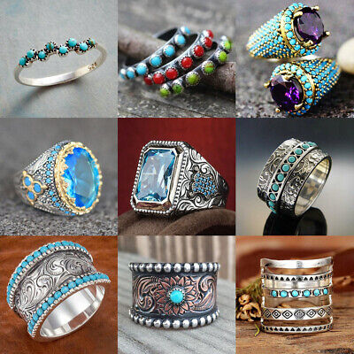 Turkish Turquoise Rings Women 925 Silver Wedding Engagement Boho Jewelry Sz 6-10