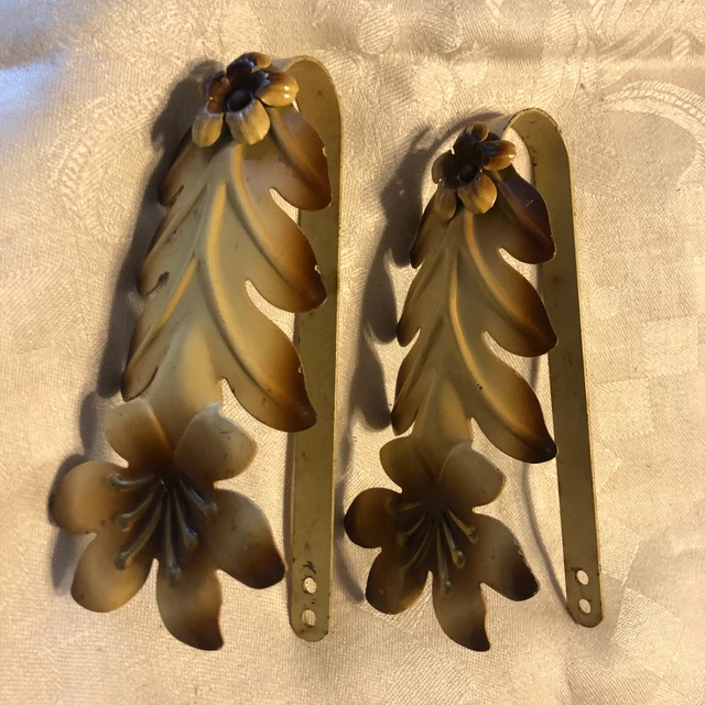 Vintage  Drapery Curtain Pull Back Ties  Embossed Metal Yellow Brown Leaf Floral 12