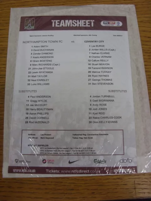 28/01/2017 Colour Teamsheet: Northampton Town v Coventry City. We try and inspec