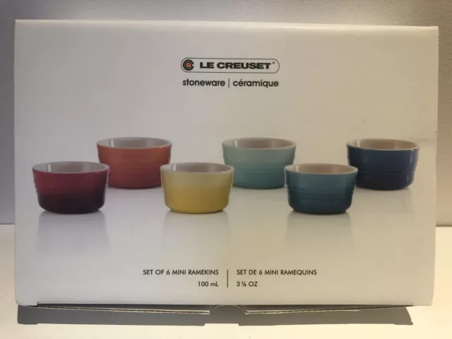 Le Creuset Stoneware Rainbow Set of 6 Mini Ramekins Rainbow Bowls 100ml - NEW