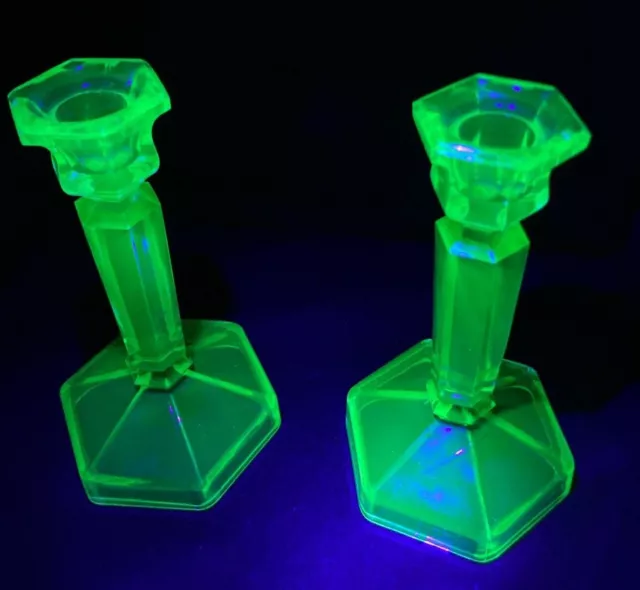 Pair! Edwardian Art Deco Vaseline Uranium Glass Candle Light Holder Candlesticks