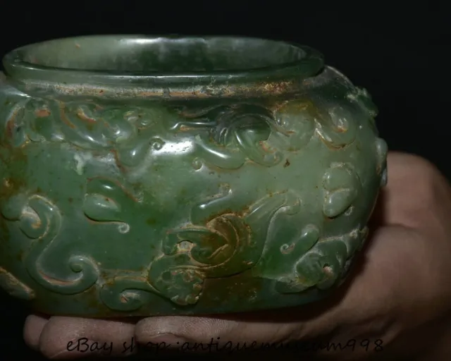 4.4" Old Chinese Green Jade Carving Dynasty Pi Xiu Beast Jar Pot Statue 3