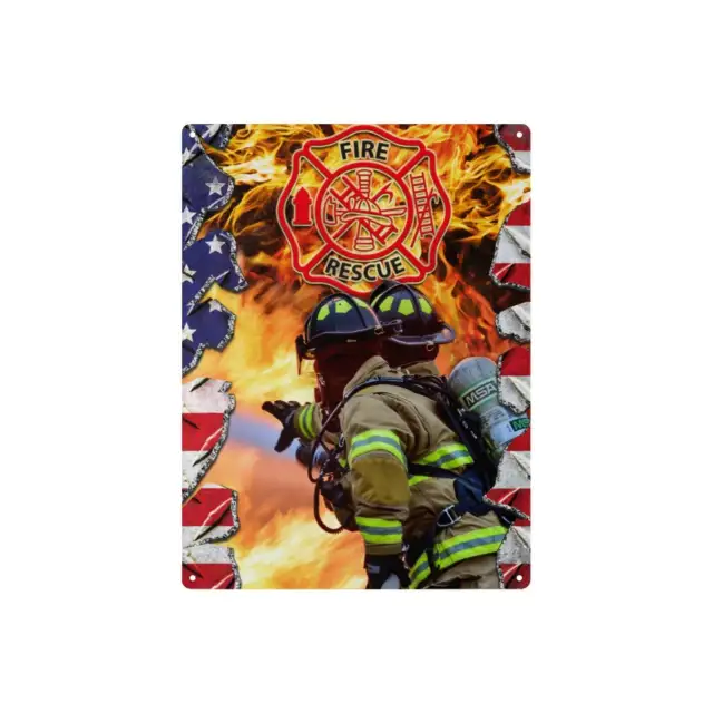 American Flag/Firefighter Fire & Rescue Metal Tin Sign - Made in USA | 16"x12"