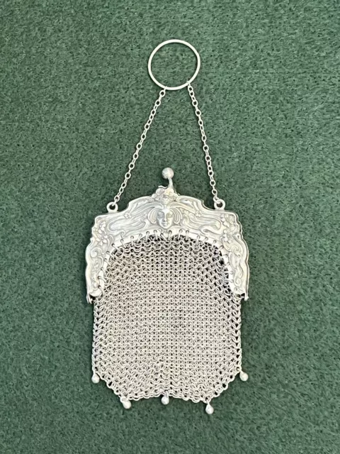 Art Nouveau Whiting & Davis Sterling Silver Mesh Coin Purse With Chain