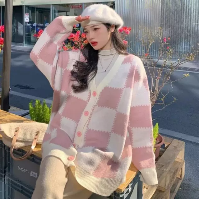 Autumn Winter Plaid V-neck Knitted Cardigan Women Korean Long Sleeve Loose Coat