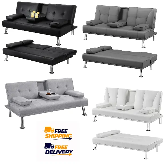 Sofa Bed Faux Leather with Cup holder and Armrests 3 Seater Black Grey New