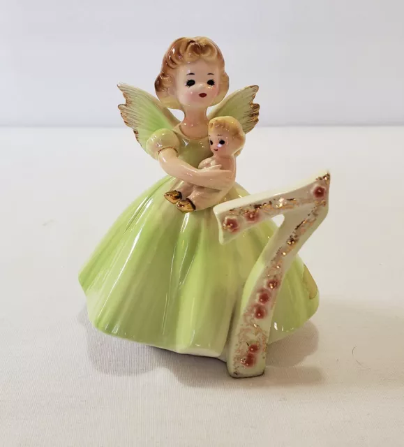 Josef Originals 7 Years Birthday Girl Angel Figurine Old Black Eyes Green Dress