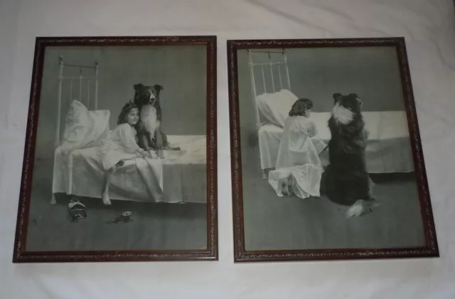 Vtg PAIR Victorian/Arts & Crafts OAK Antique Picture Frames Girl&Dog 17.5"x21.5"