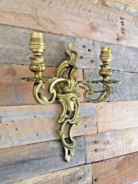 Antique French Louis Xv Style Heavy Brass / Bronze Twin Wall Light Candle Sconce